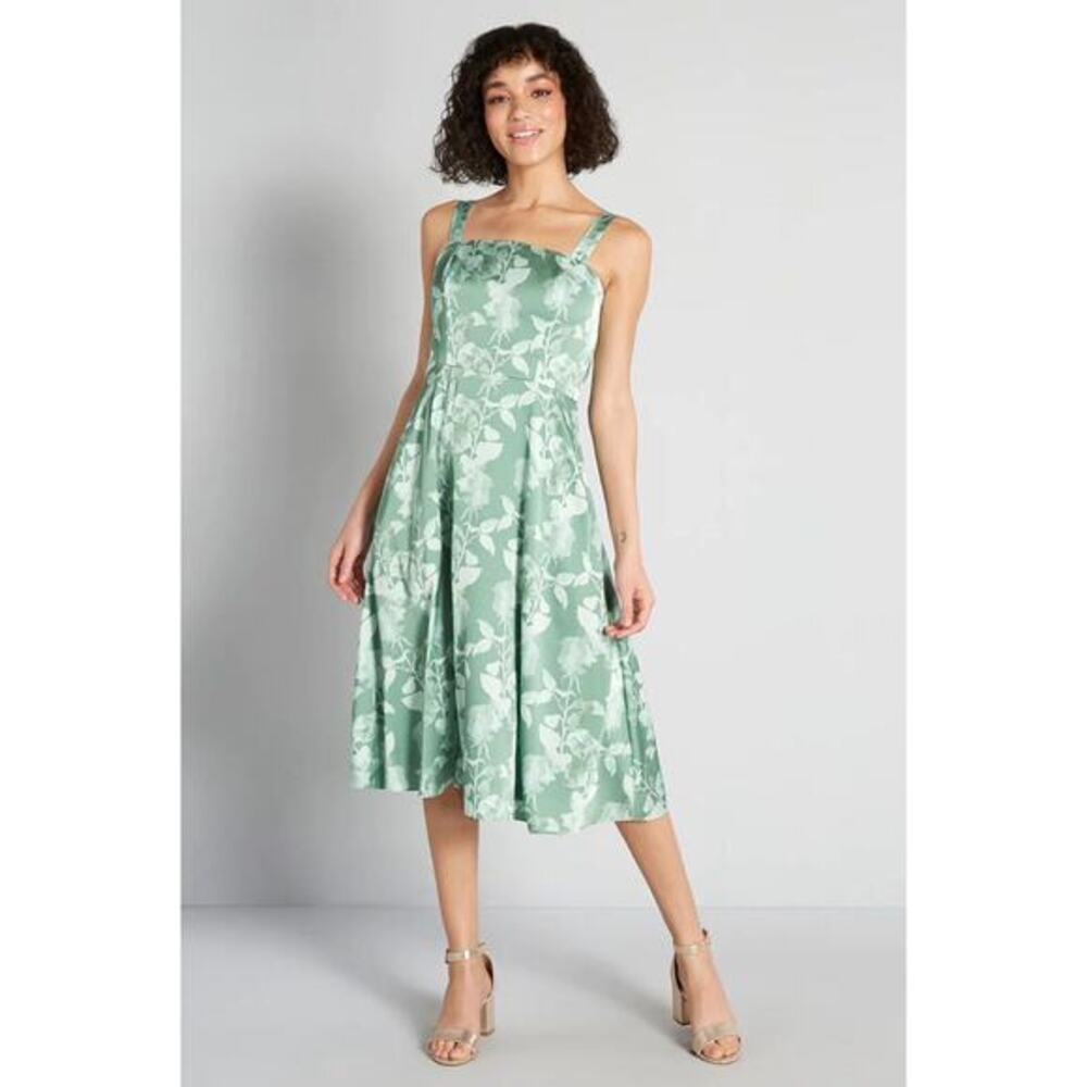 Hutch x ModCloth Tie-Back Midi Dress Green Floral Satin Size 12 Romantic Elegant